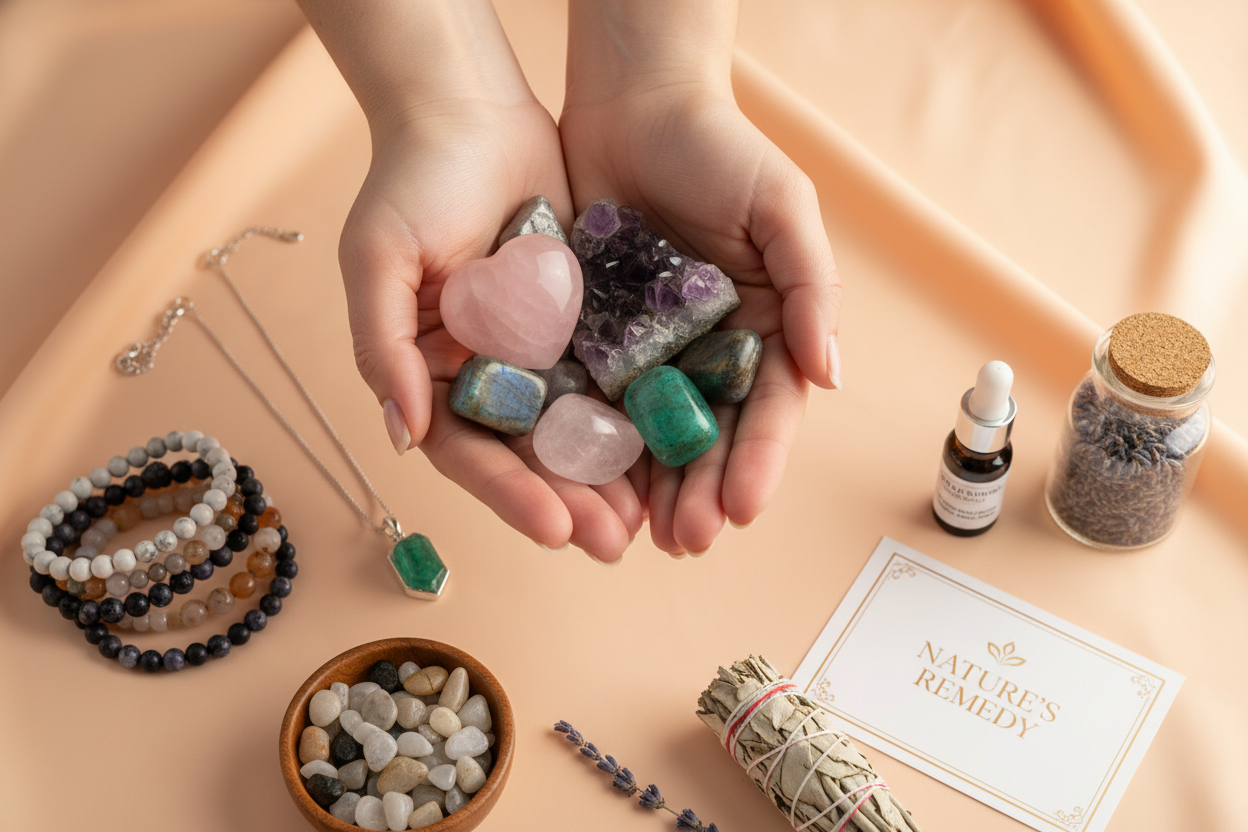 Des mains qui tiennent des pierres naturelles sur fond orange pastel et des accessoires et produits de lithothérapie